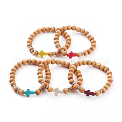 Bracelets extensibles en perles de bois naturel rond, avec des billes d'espacement en alliage et des billes croisées en magnésite synthétique teintées, couleur mixte, diamètre intérieur: 2-1/4 pouce (5.6 cm)