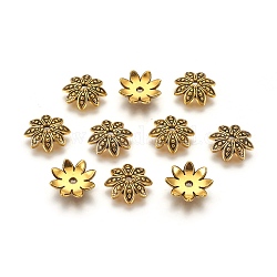 8 -petalチベットスタイル合金の花のビーズキャップ  カドミウムフリー＆鉛フリー  アンティーク黄金  14x3.5mm  穴：2mm