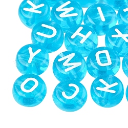Transparente Acryl Perlen, flach rund mit weißen Mischbuchstaben, Deep-Sky-blau, 7x4 mm, Bohrung: 1.5 mm, ca. 1480 Stk. / 200 g