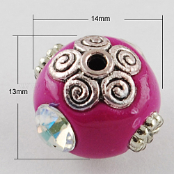 Handmade Indonesia Beads, with Alloy Cores, Round, Antique Silver, Medium Violet Red, 13x14x14mm, Hole: 2mm