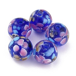 Runde Bunte Malerei-Perlen, Pflaumenblütenblattmuster, mit Loch, Mitternachtsblau, 12 mm, Bohrung: 1.8 mm