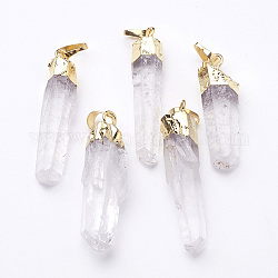 Pendentifs pointus en cristal de quartz naturel, pendentifs en cristal de roche, avec bélières en laiton doré, pépite, 30~75x5~15mm, Trou: 8x5mm