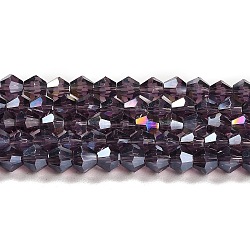 Trasparenti perle di vetro placca fili, ab colore placcato, sfaccettato, bicono, viola, 3.5mm, circa 108~123pcs/filo, 12.76~14.61 pollice (32.4~37.1 cm)