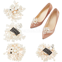 CRASPIRE 4Pcs 2 Styles Flower Alloy with Plastic Imitation Pearl Shoe Decorations, with Copper Wire Wrapped Rhinestone & Synthetic Quartz Detachable Shoe Buckle Clips, Seashell Color, 65~66x59~72x15~16.5mm, 2pcs/style