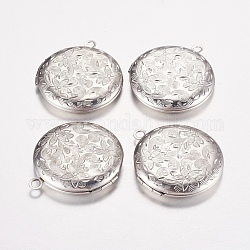 316 Stainless Steel Locket Pendants, Photo Frame Charms for Necklaces, Flat Round with Flower, Stainless Steel Color, 30x28x5mm, Hole: 2mm