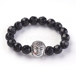 Natürliche Stretchringe aus schwarzem Achat, Mit legierten buddha perlen, facettiert, Runde, Antik Silber Farbe, Größe 8, 18 mm