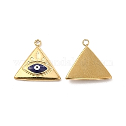 Vacuum Plating 201 Stainless Steel Enamel Pendants, Real 18K Gold Plated, Triangle with Evil Eye Charm, Blue, 14x15.5x2.5mm, Hole: 1.2mm