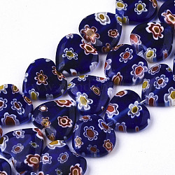 Handmade Millefiori Lampwork Beads Strands, Heart, Blue, 11~12x12x4~5mm, Hole: 1mm, about 32~33pcs/strand, 12.72 inch~13.78 inch(32.3~35cm)
