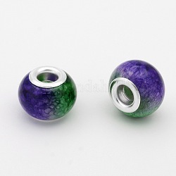 Large Hole Glass European Beads, with Silver Color Plated Brass Cores, Rondelle, Lime Green, 14x10mm, Hole: 5mm