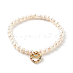 Bracelets à breloques extensibles en laiton micro pavé zircone cubique, avec perles rondes naturelles, cœur, blanc, véritable 18k plaqué or, diamètre intérieur: 2-1/8 pouce (5.3 cm)