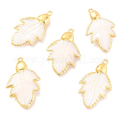 Ciondoli perla naturale, con i risultati in ottone dorato, foglia, bianco, 37~39x22.5~24.5x4~5mm, Foro: 1.8 mm