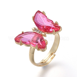 Einstellbare Fingerringe aus Messingglas, mit klaren Zirkonia, Schmetterling, golden, neon rosa , Größe 7, Innendurchmesser: 17 mm
