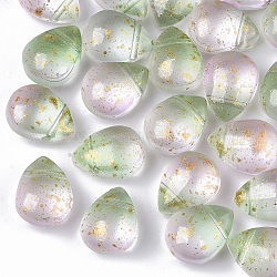 Perles de verre peintes par pulvérisation transparentes deux tons, perles percées, avec de la poudre de paillettes, mat, larme, vert clair, 12.5x9.5x7mm, Trou: 1mm