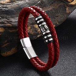 Bracelet multi-rangs double couche en cuir perlé tête de mort en acier inoxydable, bracelet gothique avec fermoir magnétique pour homme, rouge, 8-1/8 pouce (20.6 cm)
