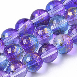 Chapelets de perles en verre peinte par pulvérisation transparent, avec une feuille d'or, ronde, bleu violet, 6~7mm, Trou: 1.2~1.5mm, Environ 65~67 pcs/chapelet, 14.76 pouce ~ 15.12 pouces (37.5~38.4 cm)