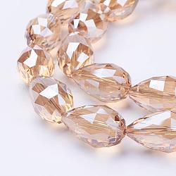 Abalorios de vidrio electroplate hebras, lustre de la perla chapado, facetados, lágrima, peachpuff, 27~28x18mm, agujero: 2 mm, aproximamente 25 pcs / cadena, 26.3 pulgada ~ 27.1 pulgadas (67 cm ~ 69 cm)