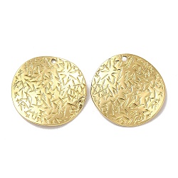 Ion Plating(IP) 304 Stainless Steel Pendants, Textured, Flat Round Charm, Real 18K Gold Plated, 29.5x1.5mm, Hole: 1.8mm