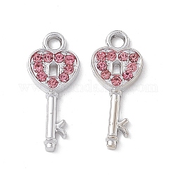 Pendentifs en strass rose clair en alliage, charme de clé de coeur, platine, 25x11x2mm, Trou: 2.5mm