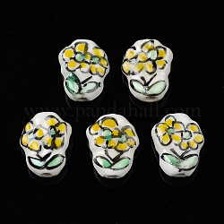 Handmade Porcelain Beads, Famille Rose Style, Polygon with Flower, Yellow, 17x13.5~14x7mm, Hole: 2mm