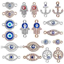 20 Uds. Conector de amuleto de ojo de aleación, conector de ojo malvado surtido, colgante de amuleto de ojo de forma mixta para joyería, collar, pulsera, fabricación de pendientes, manualidades, platino y oro, 13~32x7~15mm