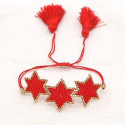 Браслеты из бисера с узором в виде звезды дружбы для женщин, регулируемые браслеты из плетеных бусин из нейлонового шнура с кисточками, красные, 11 дюйм (28 см)