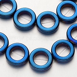 Гальванизировать немагнитных синтетический гематит бисер пряди, кольцо, с покрытием синим, 14x4 мм, отверстие : 1 мм, около 29 шт / нитка, 15.7 дюйм