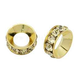 Abalorios de latón Diamante de imitación espaciador, Grado A, rerondana plana, color metal dorado, junquillo, 10x4.2mm, agujero: 5.2~5.7 mm