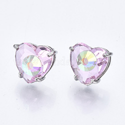 Brass Stud Earrings, with Glass and Steel Pins, Heart, Platinum, Plum, 12x13mm, Pin: 0.6mm