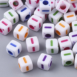 Белые непрозрачные акриловые бусины, горизонтальное отверстие, куб с разноцветными буквами, letter.i, 5x5x5 мм, отверстие : 2 мм, Около 5000 шт / 500 г