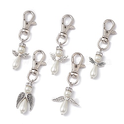Decorazioni con ciondoli in lega di angeli e perle di vetro, con chiusure lobster , argento antico, 75~77mm