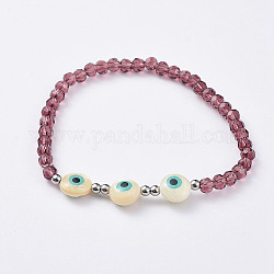 Glass Beads Stretch Bracelets, with Evil Eye Freshwater Shell Beads and Stainless Steel Beads, Purple, 2-1/8 inch(5.5cm)