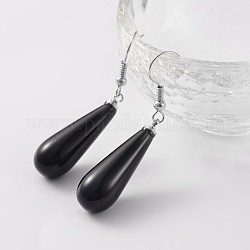 Серьги-подвески из латуни платинового тона в форме капли с натуральным черным агатом, 47 мм, штифты : 0.7 мм