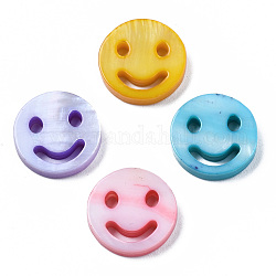 Cuentas de concha naturales de agua dulce, teñido, plano y redondo con la cara de sonrisa, color mezclado, 12x2.5mm, agujero: 0.8 mm