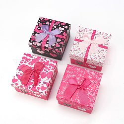 Heart Pattern Cardboard Jewelry Boxes, for Watch/Bracelet, with Ribbon Bowknot and Cloth Pillow, Square, Mixed Color, 9x9x5.8cm