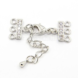 Brass Chain Extenders and Lobster Claw Clasps, with Rhinestone, Platinum, 37mm