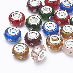 Perles européennes en résine avec strass, Perles avec un grand trou   , avec noyaux en laiton plaqué couleur argent, rondelle, couleur mixte, 14~14.5x9~9.5mm, Trou: 5mm