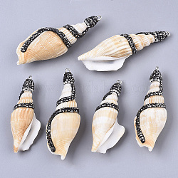 Natural Conch Shell Big Pendants, with Polymer Clay Rhinestones and Iron Loops, PapayaWhip, 58.5~72.5x22.5~29x15.5~19mm, Hole: 1.8mm