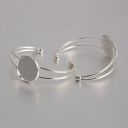 Ottone making bracciale bangle, base del braccialetto vuota, con vassoio rotondo piatto, colore argento placcato, 60mm, vassoio: 25mm