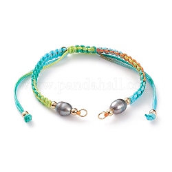 Fabrication de bracelets en cordon tressé en polyester réglable, avec des perles en laiton, 304 anneaux à sauter en acier inoxydable et perles de perles d'eau douce, colorées, 6~6-1/2 pouce (15~16.5 cm)