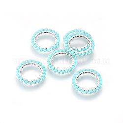 MIYUKI & TOHO Handmade Japanese Seed Beads, with 304 Stainless Steel Link Rings, Loom Pattern, Ring, Silver, Pale Turquoise, 14.5~15x1.7mm