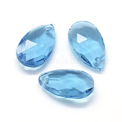 Sfaccettato pendenti di vetro, lacrima, cielo blu, 22x13x8.5mm, Foro: 1 mm