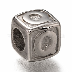 Perles européennes en 304 acier inoxydable, Perles avec un grand trou   , trou horizontal, cube avec la lettre, couleur inoxydable, letter.q, 8x8x8mm, Trou: 4.5mm