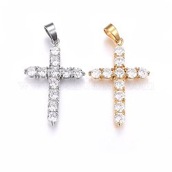 304 Stainless Steel Pendants, with Cubic Zirconia and Snap on Bails, Cross, Clear, Mixed Color, 37.5x25x3.5mm, Hole: 5x7mm