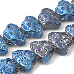 Transparentes perles de verre de galvanoplastie brins, arc-en-ciel plaqué, tête crâne, bleu acier, 13x10x6mm, Trou: 1mm, Environ 56 pcs/chapelet, 25.59'' (65 cm)