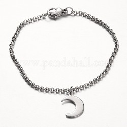Moon Stainless Steel Charm Bracelets, with Rolo Chains and Lobster Claw Clasps, Stainless Steel Color, 7-1/4 inch(185mm)