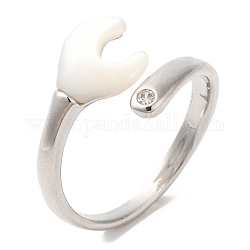 Anello a polsino aperto con chiave a conchiglia naturale con zirconi, anelli di ottone per le donne, Vero platino placcato, diametro interno: 18.2mm