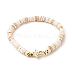 Bracelet extensible en perles heishi en pâte polymère pour femme, bracelet à maillons croix zircone cubique, or, peachpuff, diamètre intérieur: 2-1/4 pouce (5.6 cm)