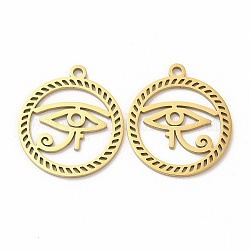 Ion Plating(IP) 304 Stainless Steel Pendants, Flat Round with Eye of Horus Charm, Real 18K Gold Plated, 28x24.5x1.5mm, Hole: 2mm