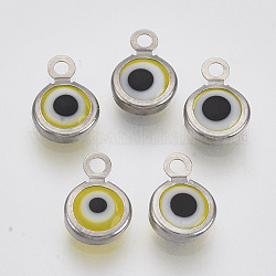 Charms del lampwork hecho a mano, con 304 fornituras de acero inoxidable, plano y redondo con mal de ojo, amarillo, 9.5x6.5x2.5mm, agujero: 1.5 mm