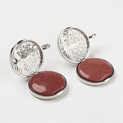 Synthetic Goldstone Pendants, with Brass Diffuser Locket Findings, Flat Round with Tree, 31x26x8mm, Hole: 4mm